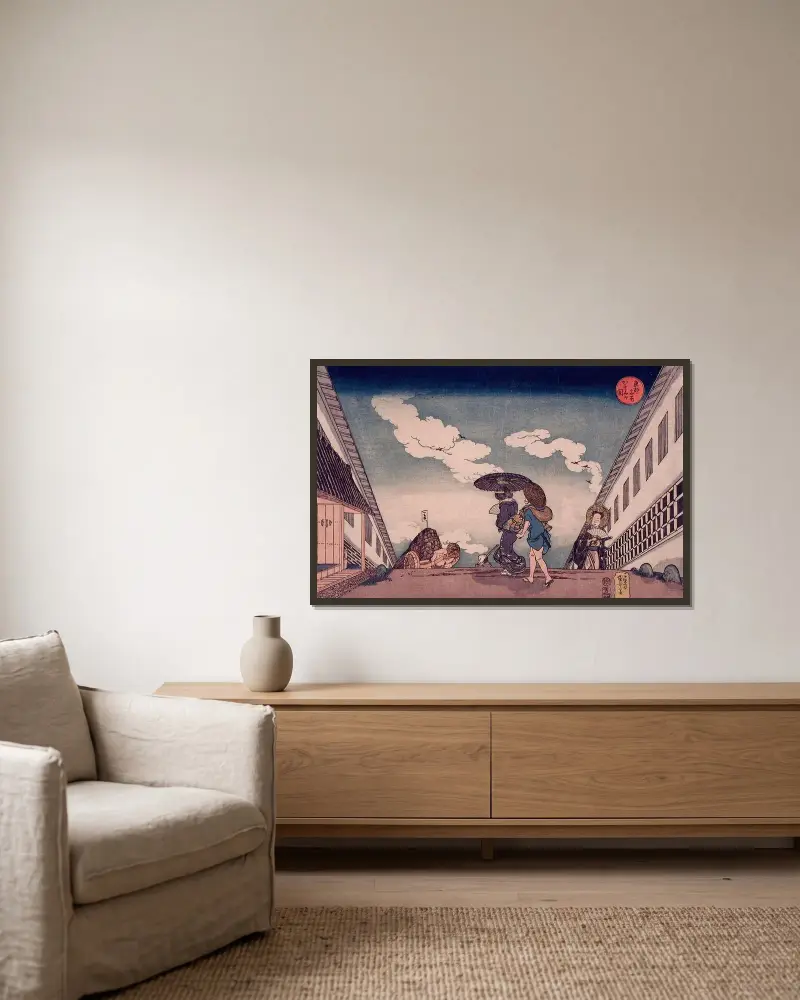 Kasumigaseki av Utagawa Kuniyoshi inramad på en vägg