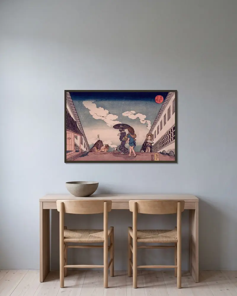 Kasumigaseki av Utagawa Kuniyoshi inramad på en vägg