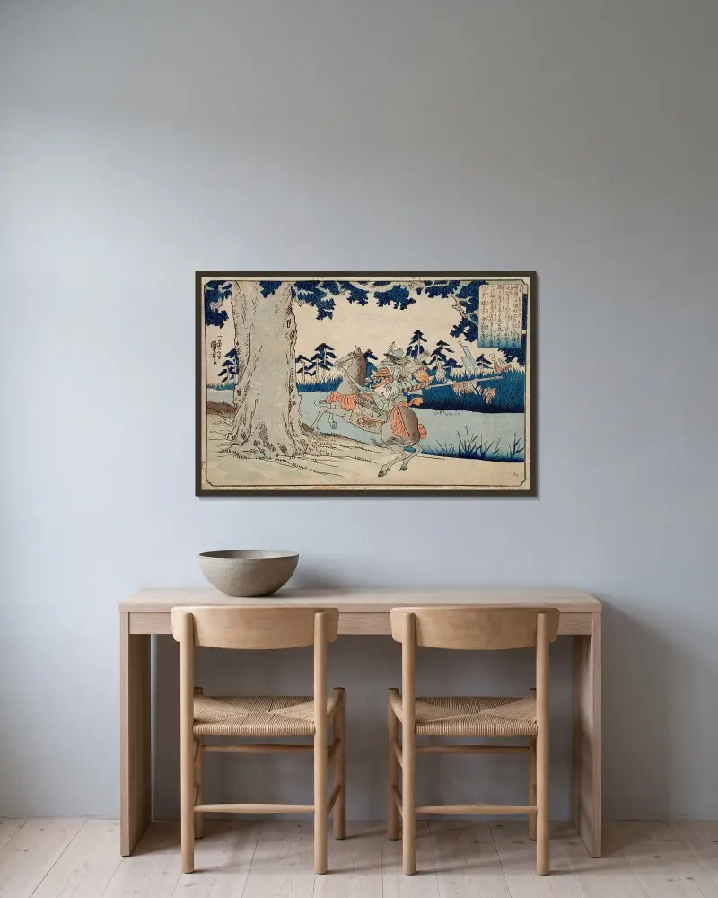 Moriya förföljer prins Shōtoku som försvinner in i ett träd av Utagawa Kuniyoshi inramad på en vägg