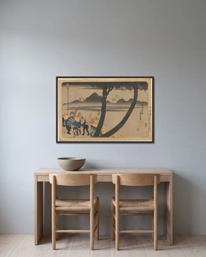Noční průvod u řeky, Utagawa Kuniyoshi v rámu na stěně