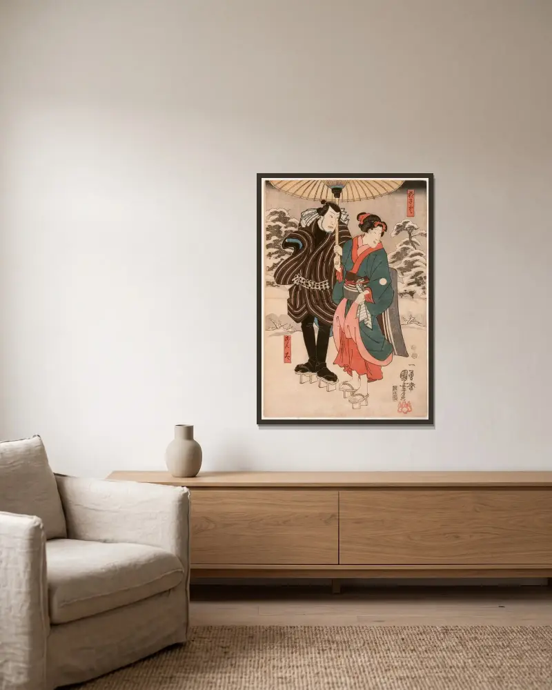 Osayo and Genta av Utagawa Kuniyoshi inramad på en vägg