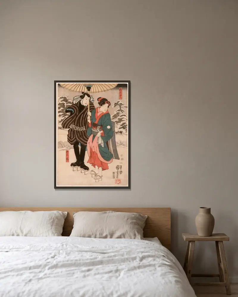 Osayo and Genta av Utagawa Kuniyoshi inramad på en vägg