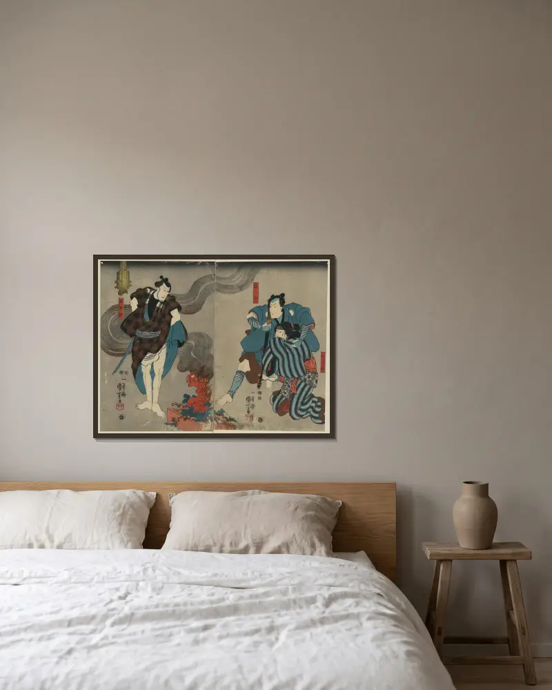 Oyone magoshichi taheiji av Utagawa Kuniyoshi inramad på en vägg