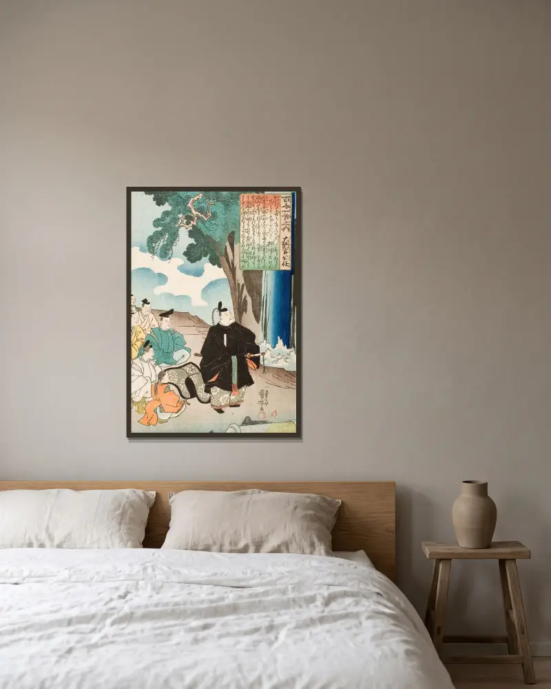 Poem by Dainagon Kintō av Utagawa Kuniyoshi inramad på en vägg