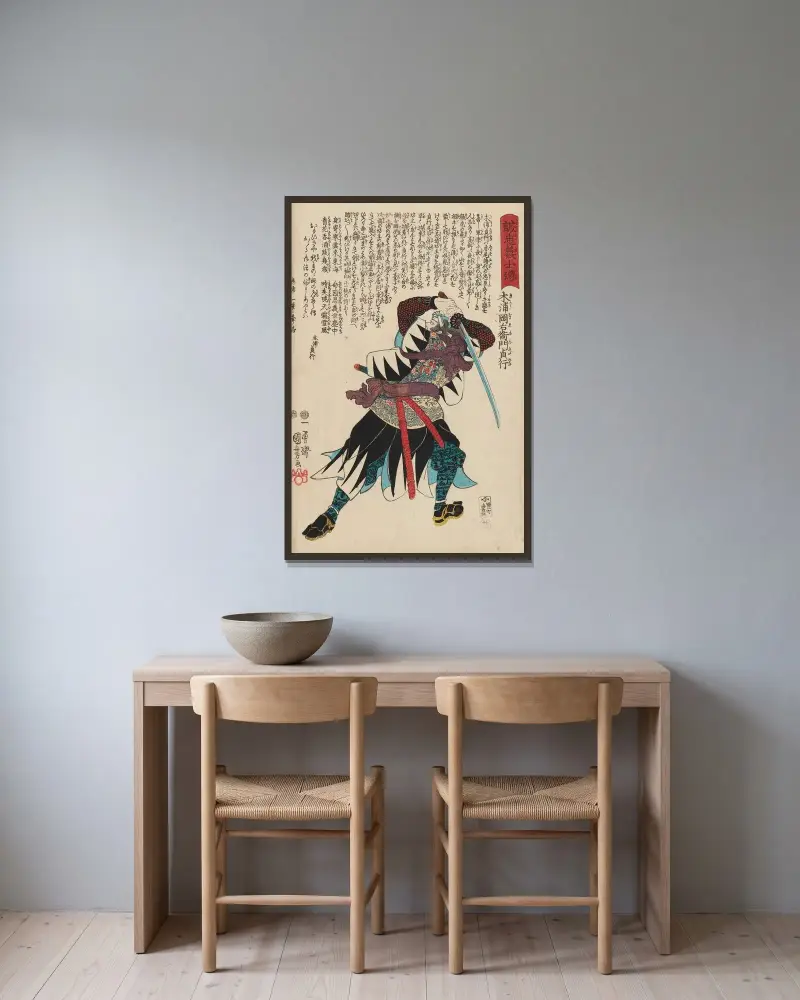 Seichū gishi den Pl.04 av Utagawa Kuniyoshi inramad på en vägg