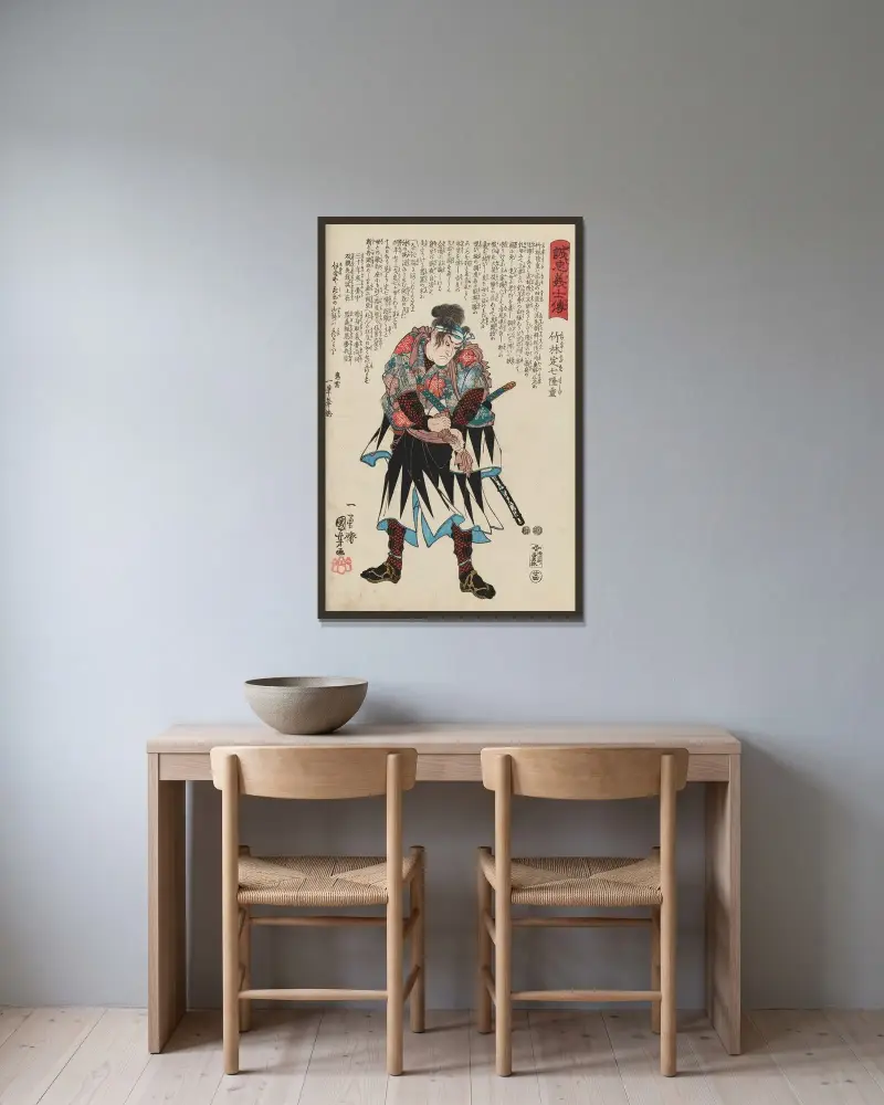 Seichū gishi den Pl.06 av Utagawa Kuniyoshi inramad på en vägg