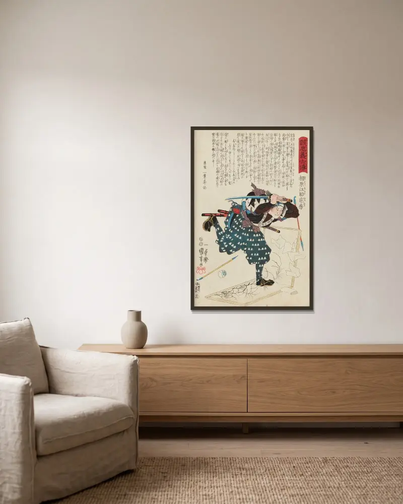 Seichū gishi den Pl.08 av Utagawa Kuniyoshi inramad på en vägg