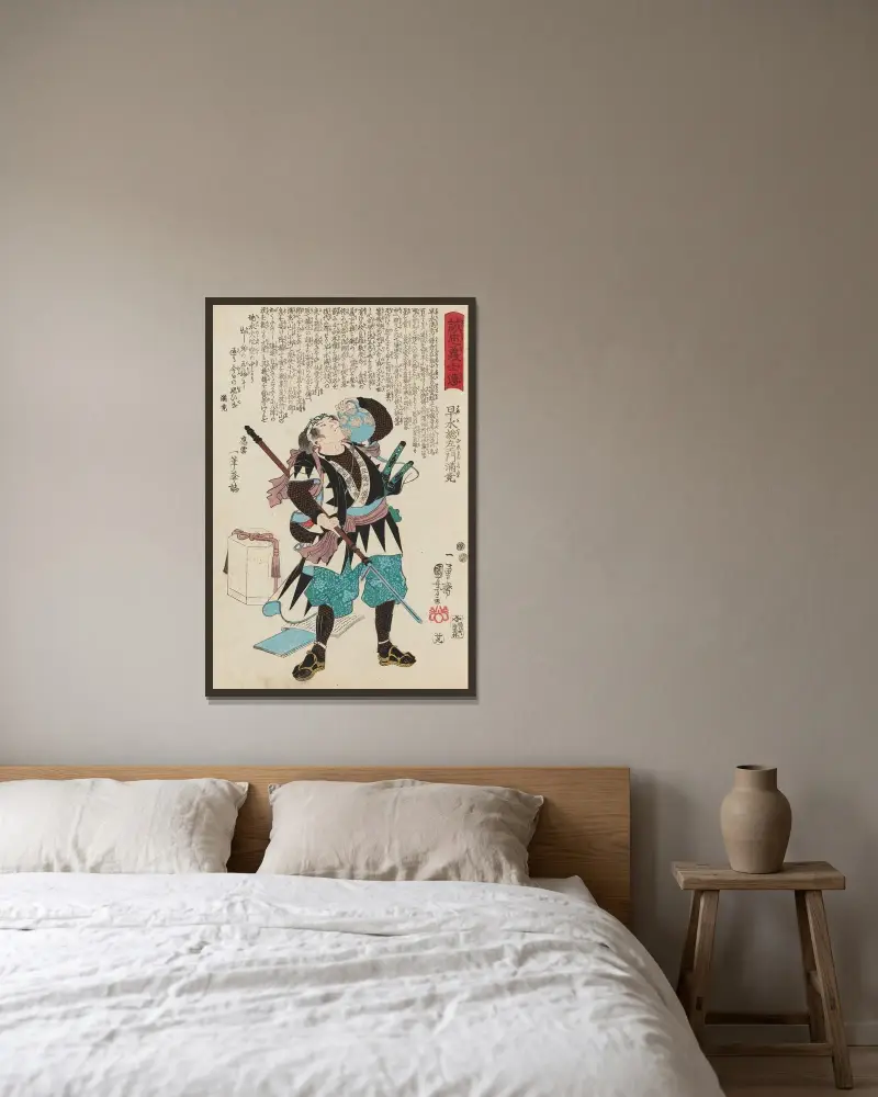 Seichū gishi den Pl.11 av Utagawa Kuniyoshi inramad på en vägg