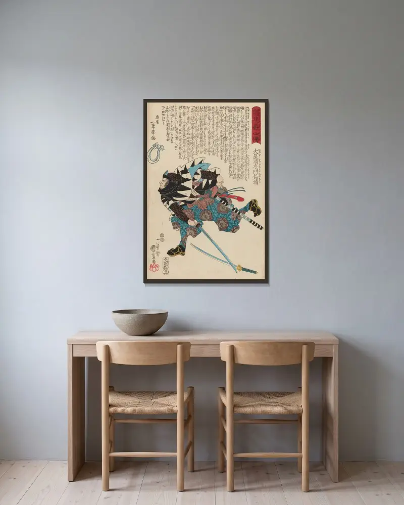Seichū gishi den Pl.14 av Utagawa Kuniyoshi inramad på en vägg