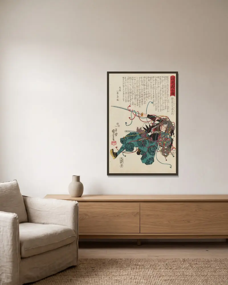 Seichū gishi den Pl.15 av Utagawa Kuniyoshi inramad på en vägg