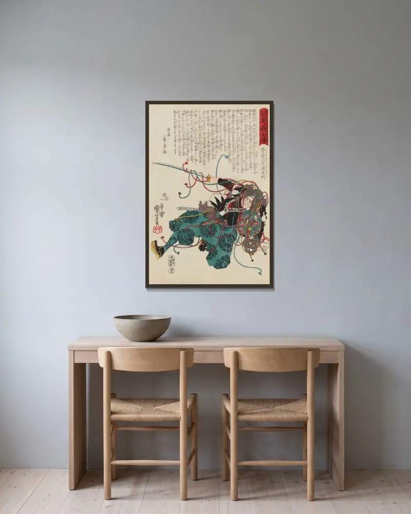 Seichū gishi den Pl.15 av Utagawa Kuniyoshi inramad på en vägg
