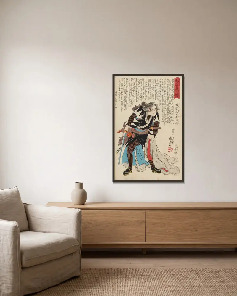 Seichū gishi den Pl.16 av Utagawa Kuniyoshi inramad på en vägg
