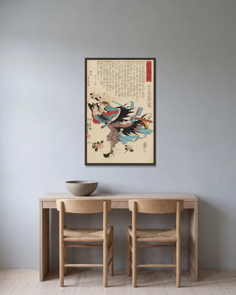 Seichū gishi den Pl.18 av Utagawa Kuniyoshi inramad på en vägg