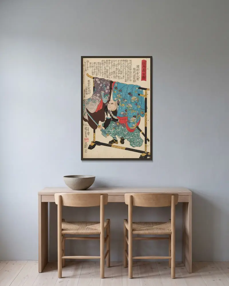 Seichū gishi den Pl.24 av Utagawa Kuniyoshi inramad på en vägg
