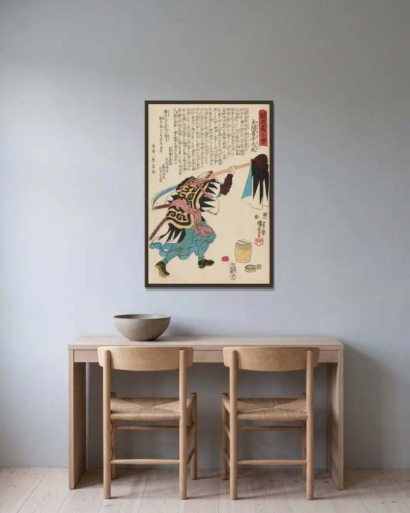 Seichū gishi den Pl.25 av Utagawa Kuniyoshi inramad på en vägg