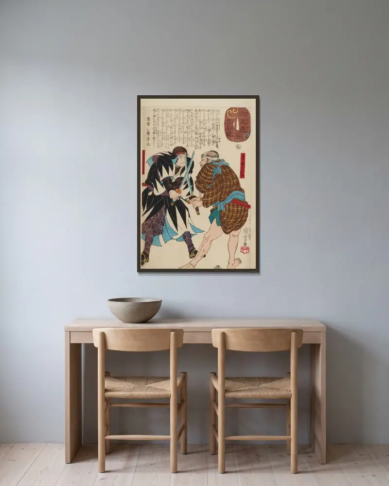 Seichū gishi den Pl.32 av Utagawa Kuniyoshi inramad på en vägg