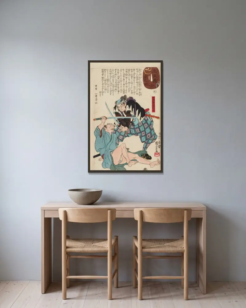 Seichū gishi den Pl.33 av Utagawa Kuniyoshi inramad på en vägg