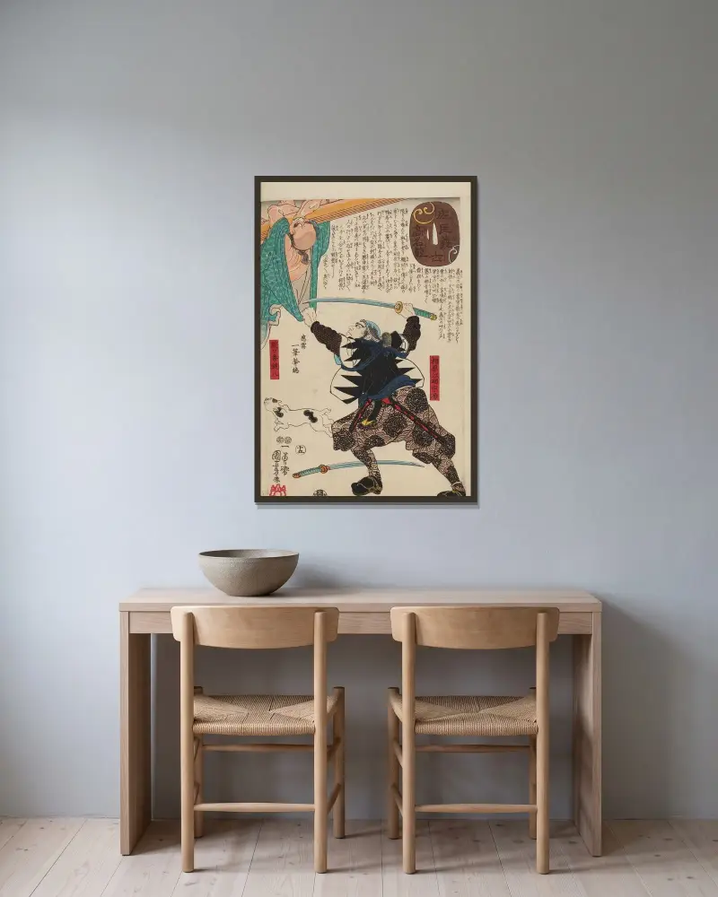 Seichū gishi den Pl.34 av Utagawa Kuniyoshi inramad på en vägg