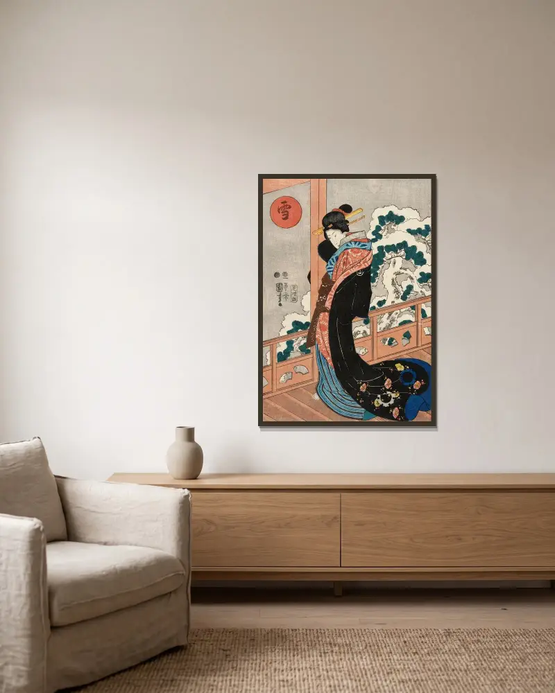 Snow; Beauty on a Veranda av Utagawa Kuniyoshi inramad på en vägg
