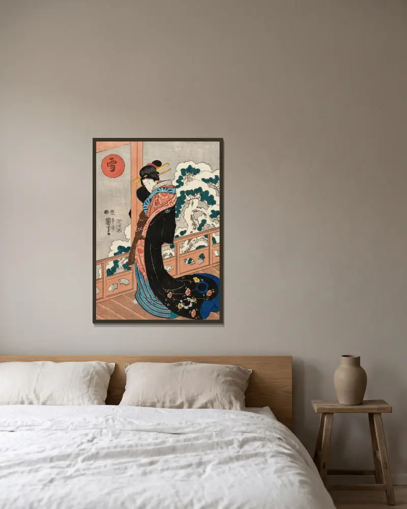 Snow; Beauty on a Veranda av Utagawa Kuniyoshi inramad på en vägg