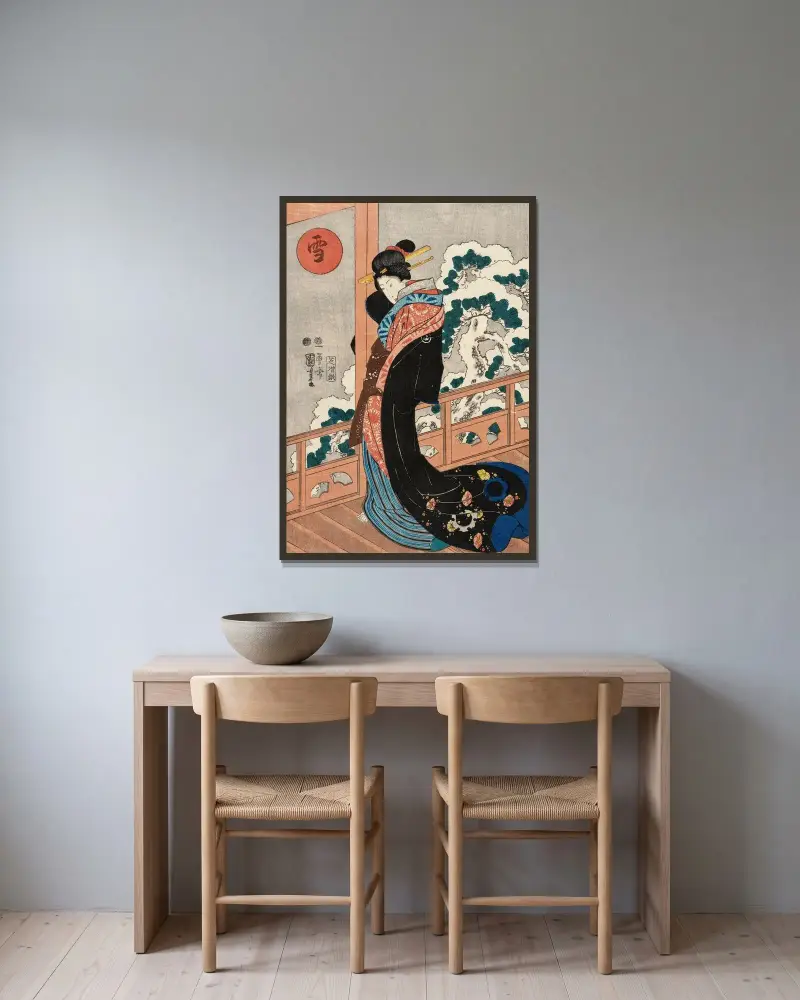 Snow; Beauty on a Veranda av Utagawa Kuniyoshi inramad på en vägg