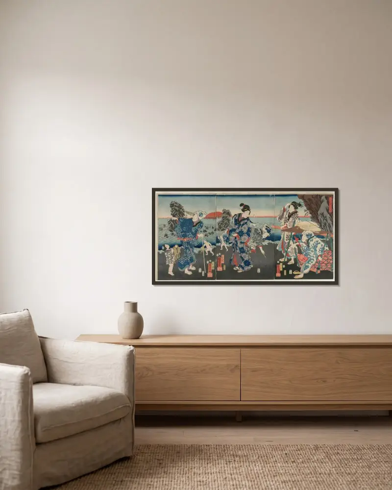 Sunrise at Futami Bay av Utagawa Kuniyoshi inramad på en vägg