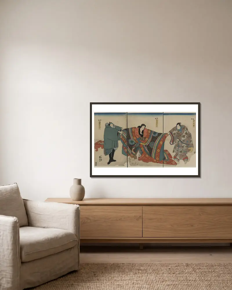 Taira no munemori mikazuki osen ebizako no jū av Utagawa Kuniyoshi inramad på en vägg