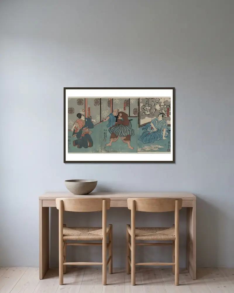Tanizawa tanomo wakatō kihei iwafuji meshitsukai chiyo av Utagawa Kuniyoshi inramad på en vägg