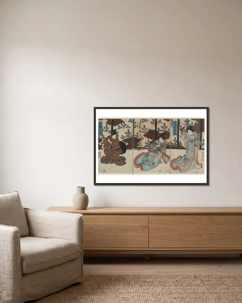 Tsubone iwafuji chūrō onoe meshitukai hatsu av Utagawa Kuniyoshi inramad på en vägg