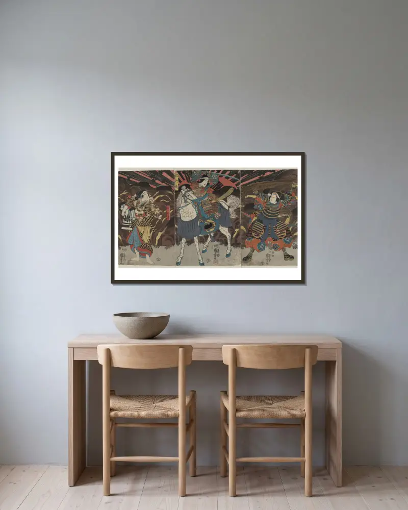 Wada yoshimori tomoe gozen yamabuki av Utagawa Kuniyoshi inramad på en vägg
