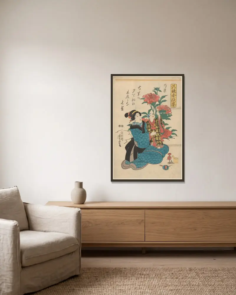 Woman in Blue Kimono Holding Child Looking at Peonies av Utagawa Kuniyoshi inramad på en vägg