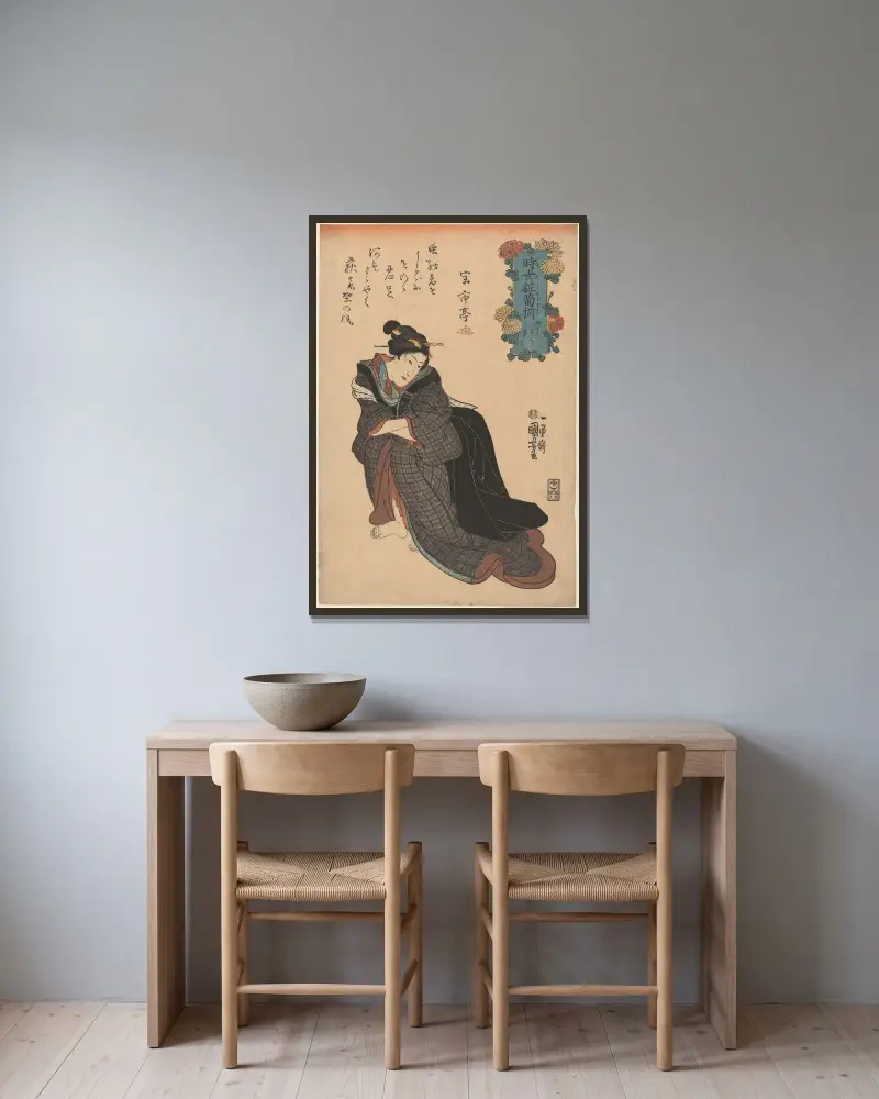 Woman in Plaid Kimono, Arms Akimbo av Utagawa Kuniyoshi inramad på en vägg
