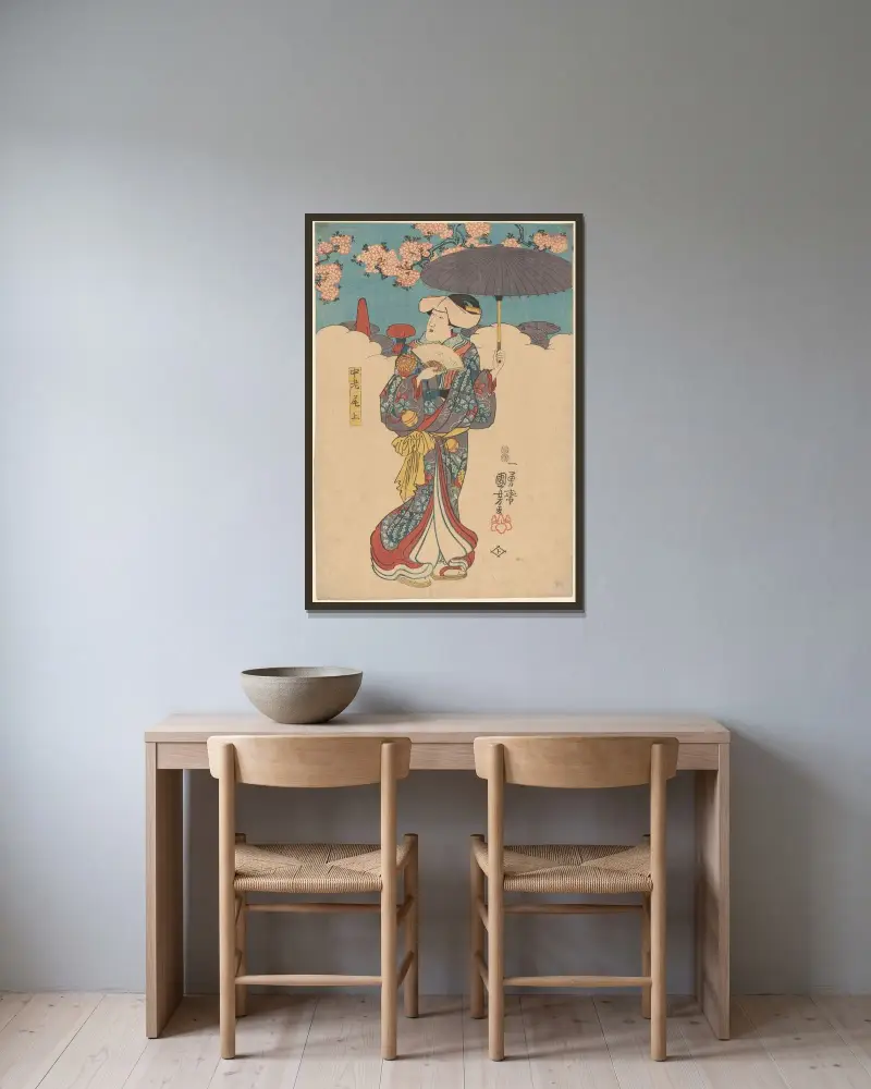 Kvinna med lila paraply av Utagawa Kuniyoshi inramad på en vägg
