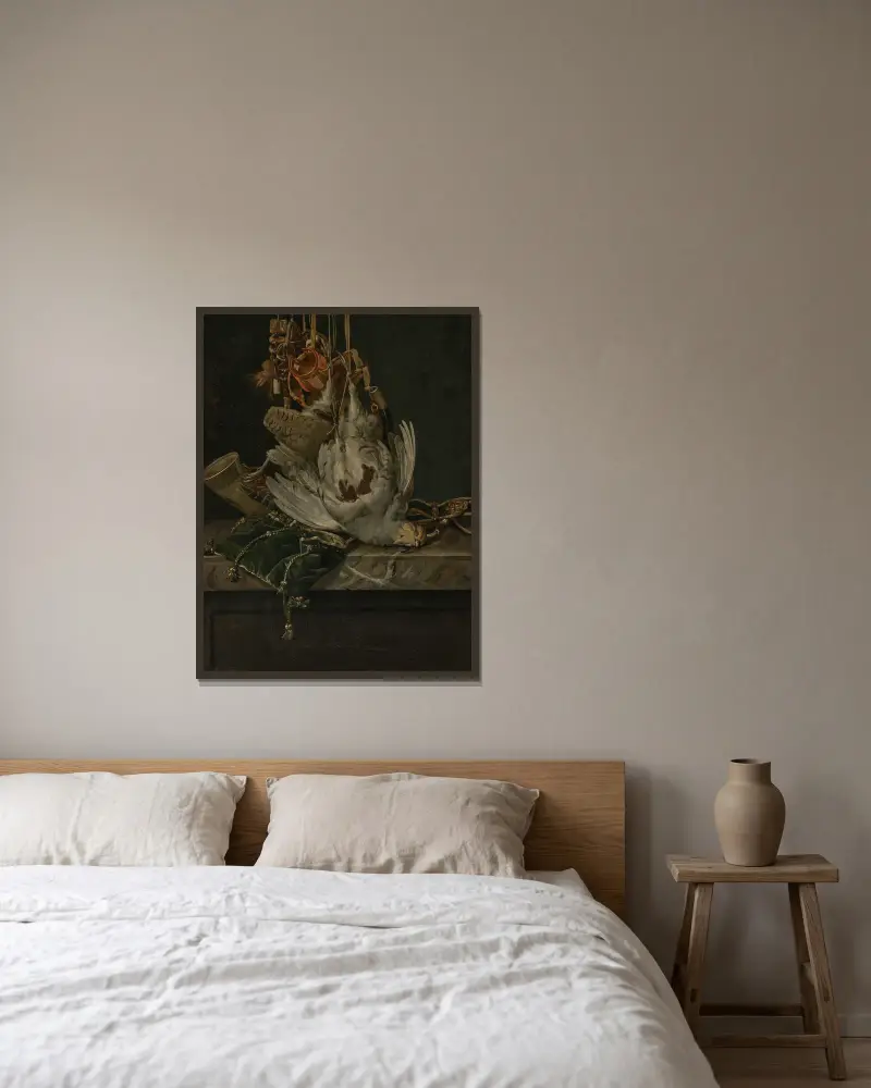 A partridge, a hunting horn, hawking hoods and a gold-trimmed green velvet hunting bag hanging above a marble ledge av Willem van Aelst inramad på en vägg
