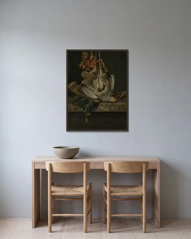 A partridge, a hunting horn, hawking hoods and a gold-trimmed green velvet hunting bag hanging above a marble ledge av Willem van Aelst inramad på en vägg