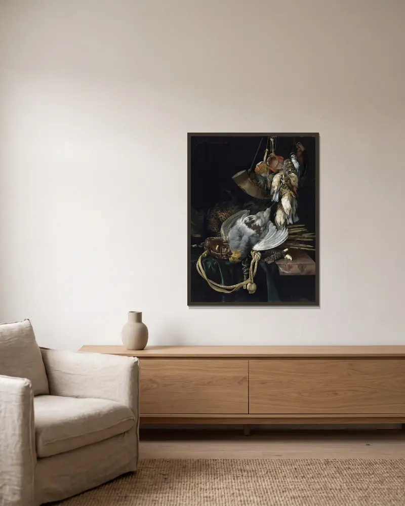 A Partridge, A Pheasant, A Hunting Bag And Traps On A Partially Draped Ledge, Songbirds, A Hunting Horn And Hawking Hoods Hanging Above av Willem van Aelst inramad på en vägg