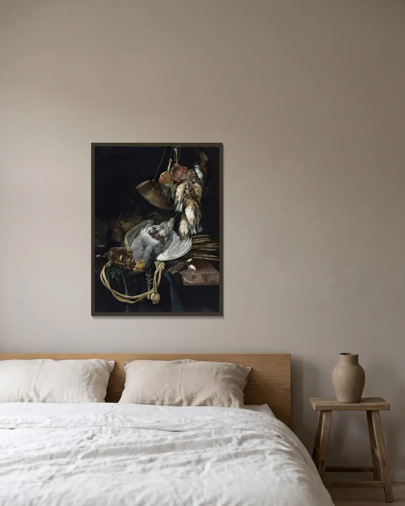 A Partridge, A Pheasant, A Hunting Bag And Traps On A Partially Draped Ledge, Songbirds, A Hunting Horn And Hawking Hoods Hanging Above av Willem van Aelst inramad på en vägg