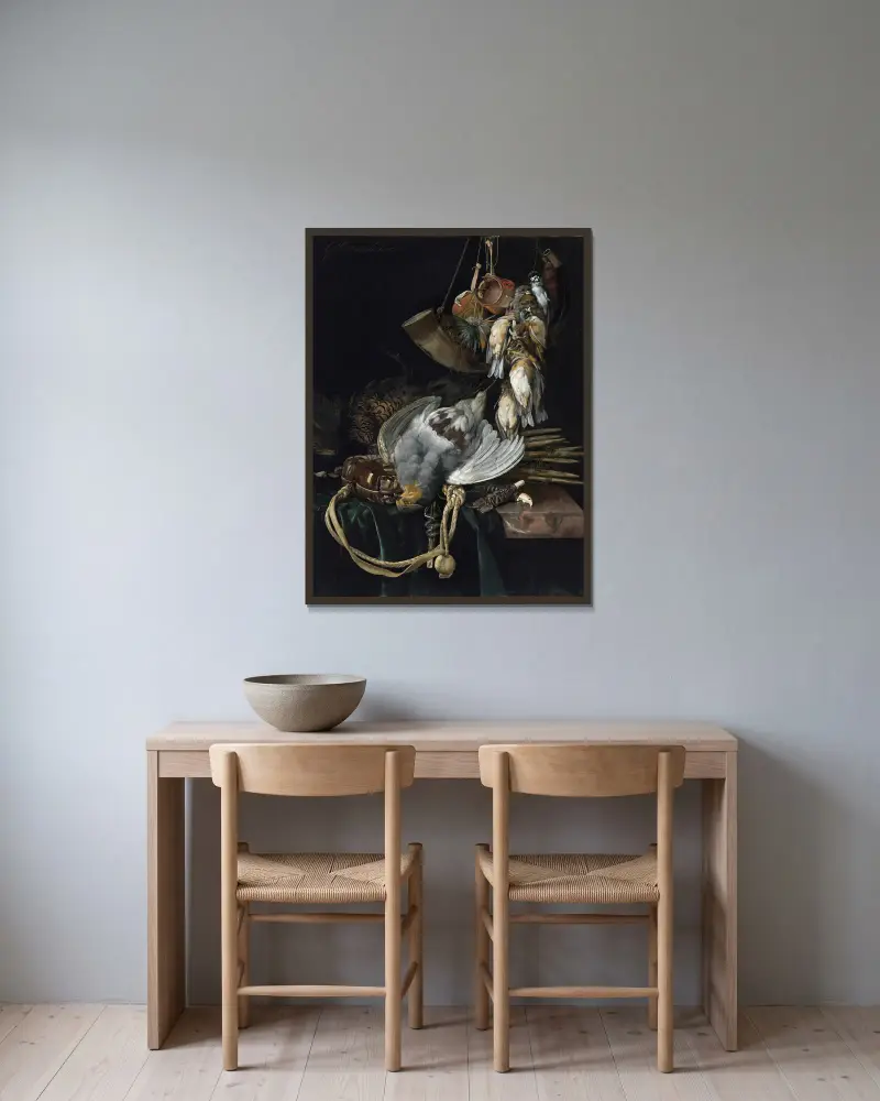 A Partridge, A Pheasant, A Hunting Bag And Traps On A Partially Draped Ledge, Songbirds, A Hunting Horn And Hawking Hoods Hanging Above av Willem van Aelst inramad på en vägg