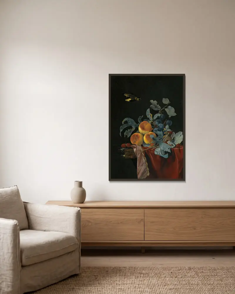 A Still Life With Peaches, Raspberries And Damsons On A Partially Covered Marble Ledge, A Bird Flying Above av Willem van Aelst inramad på en vägg