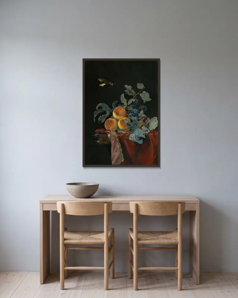 A Still Life With Peaches, Raspberries And Damsons On A Partially Covered Marble Ledge, A Bird Flying Above av Willem van Aelst inramad på en vägg