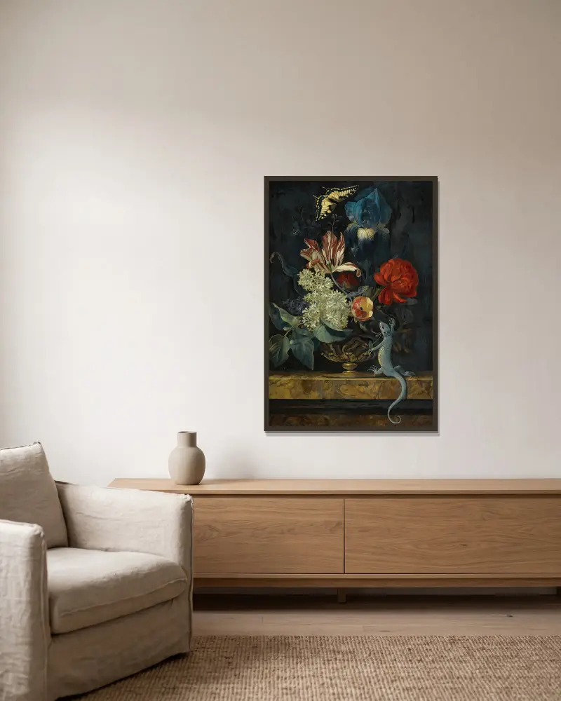Stillleben mit Tulpen und anderen Blumen in einer Vase auf einer Marmorplatte, mit einer Eidechse und einem Schmetterling von Willem van Aelst gerahmt an einer Wand