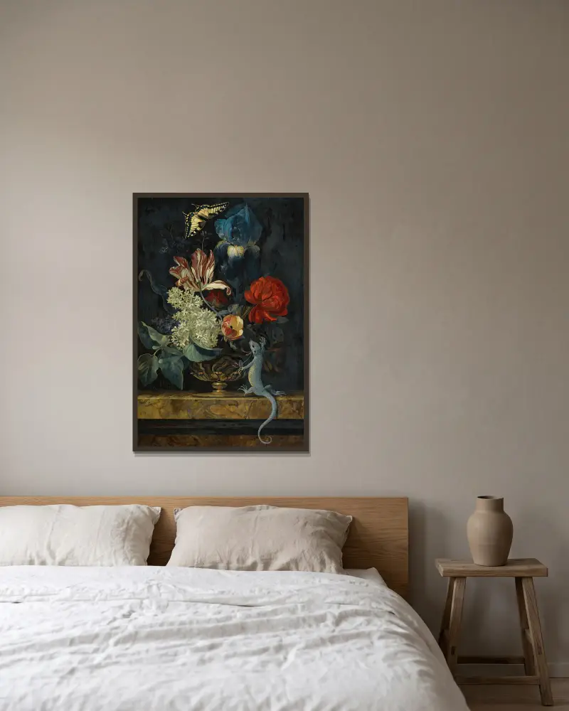 Stillleben mit Tulpen und anderen Blumen in einer Vase auf einer Marmorplatte, mit einer Eidechse und einem Schmetterling von Willem van Aelst gerahmt an einer Wand