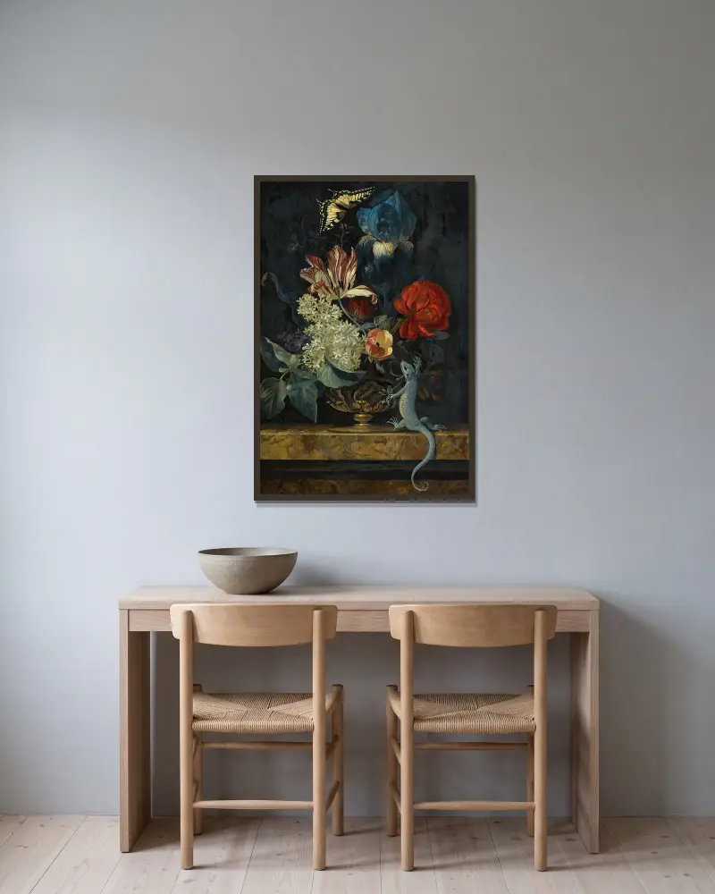 Stillleben mit Tulpen und anderen Blumen in einer Vase auf einer Marmorplatte, mit einer Eidechse und einem Schmetterling von Willem van Aelst gerahmt an einer Wand