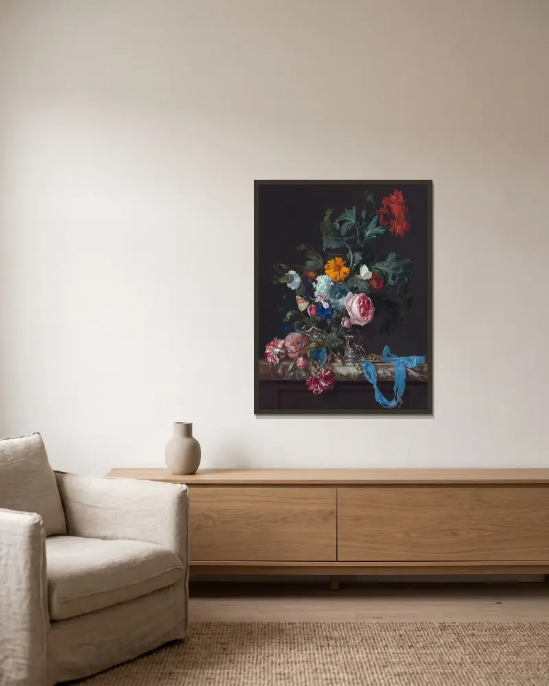 Flower Still Life with a Timepiece av Willem van Aelst inramad på en vägg