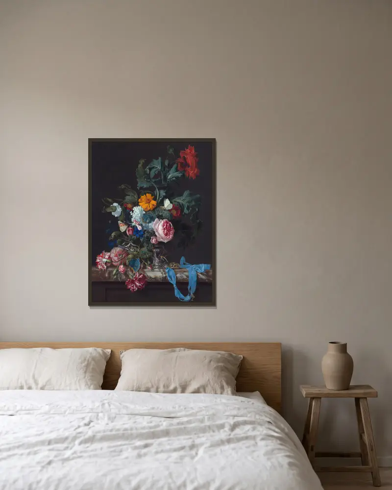 Flower Still Life with a Timepiece av Willem van Aelst inramad på en vägg