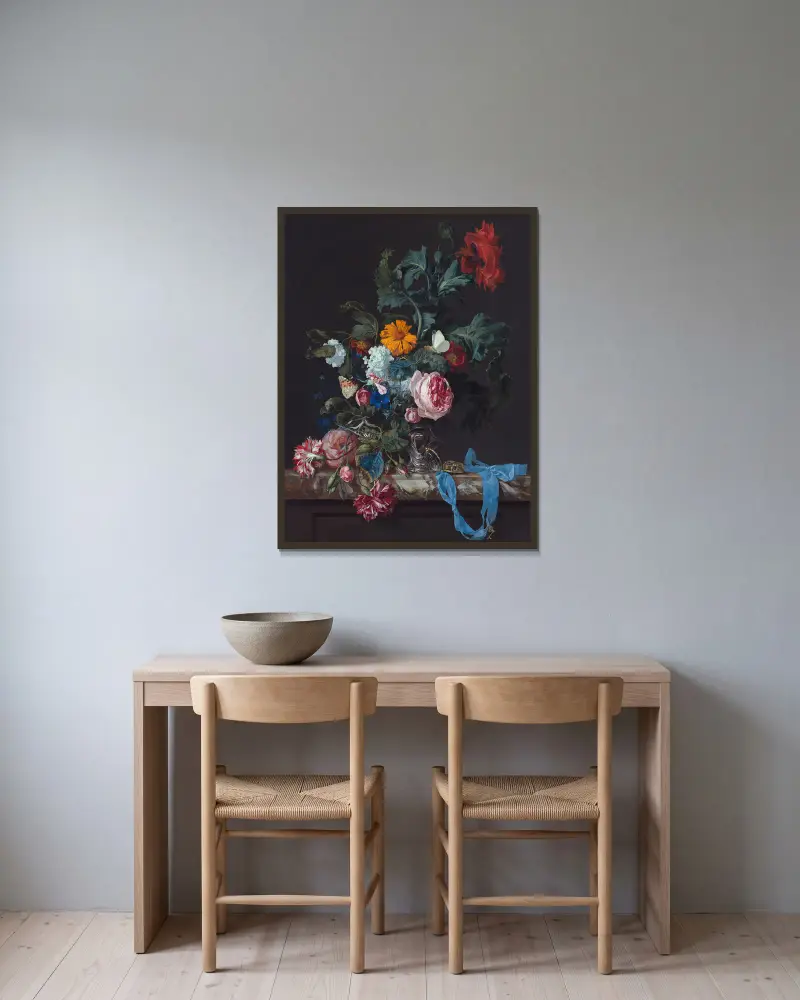 Flower Still Life with a Timepiece av Willem van Aelst inramad på en vägg