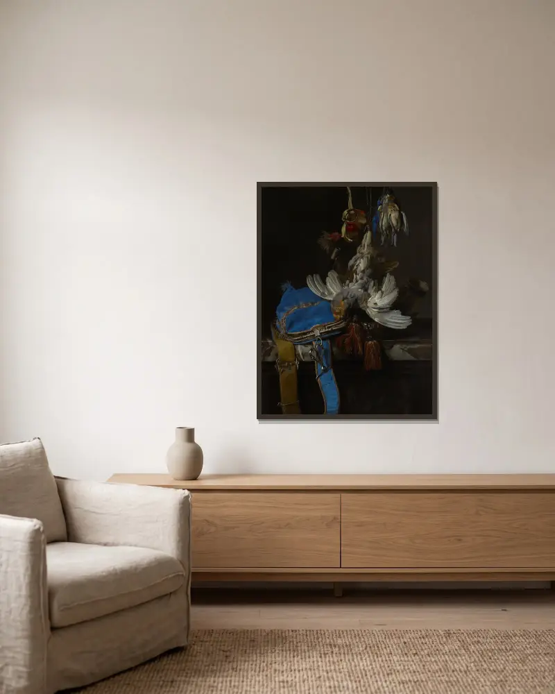 Jaktstilleben med sammetsväska på marmorhylla av Willem van Aelst inramad på en vägg