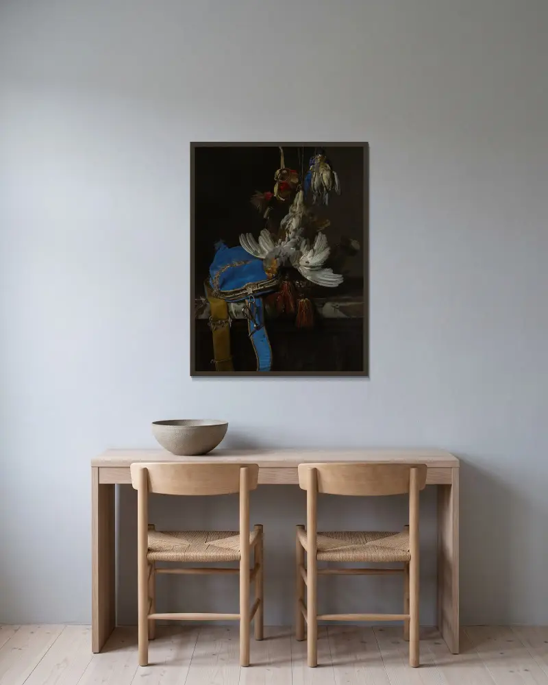 Jaktstilleben med sammetsväska på marmorhylla av Willem van Aelst inramad på en vägg