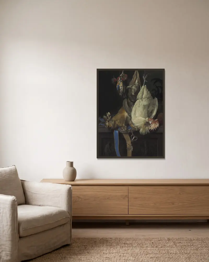 Stillleben mit erlegtem Wild von Willem van Aelst gerahmt an einer Wand