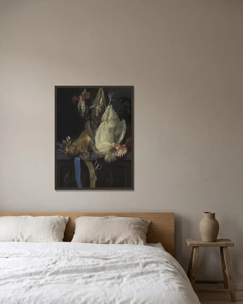 Stillleben mit erlegtem Wild von Willem van Aelst gerahmt an einer Wand
